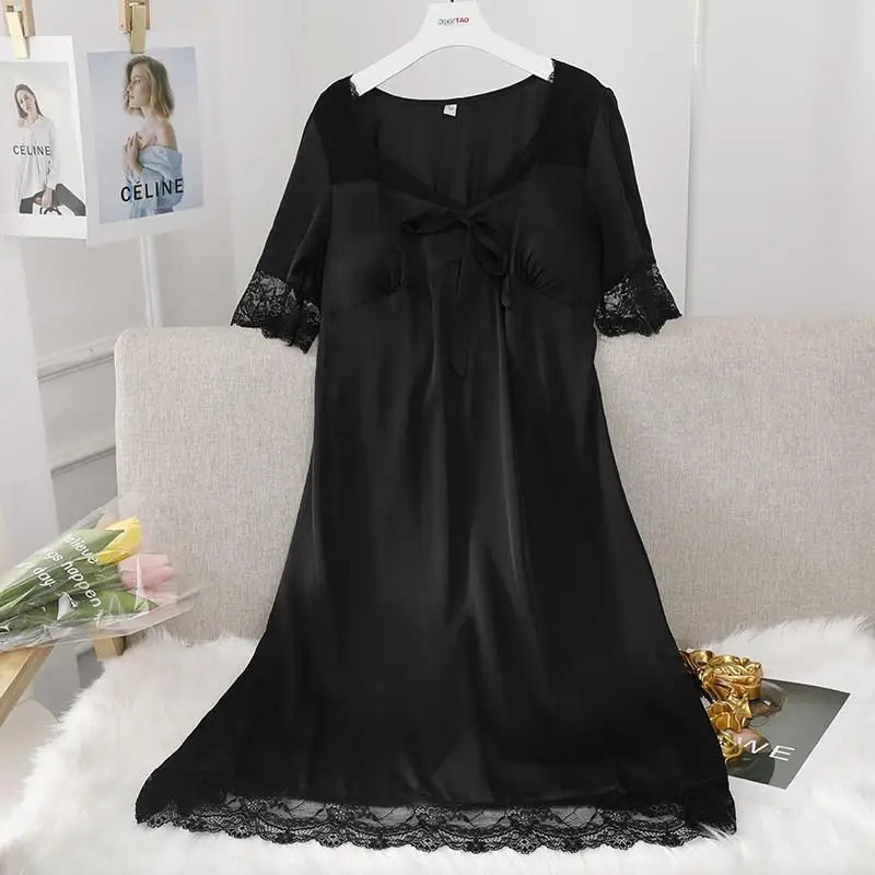 Female Long Nightdress Sexy Hollow Lace Sleepwear Home Dress Palace Style Princess Nightgown Nightwear Casual Satin Loungewear
