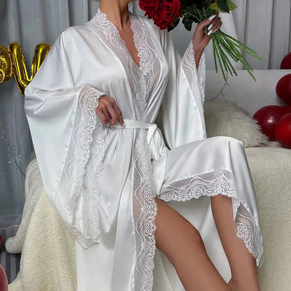 Sexy Long Solid Lace Patchwork Silk Satin Bathrobe Women Flare Sleeve Loose Court Style Nightwear Lace Trim Robes Loungewear