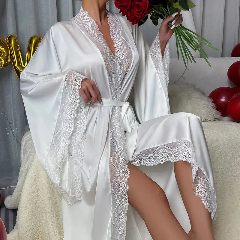 Sexy Long Solid Lace Patchwork Silk Satin Bathrobe Women Flare Sleeve Loose Court Style Nightwear Lace Trim Robes Loungewear