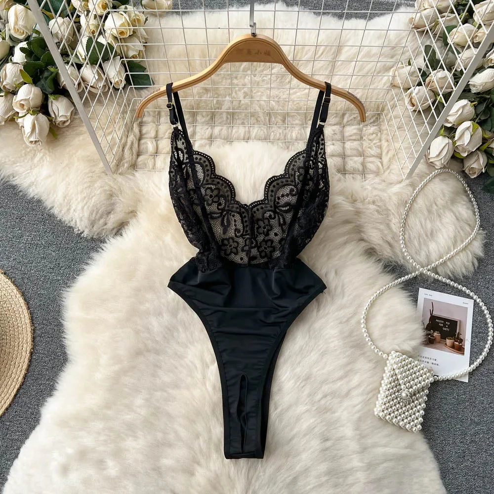 Women Strap Hollow Out Backless French Style Striped Erotic Playsuits Cosplay Slim Fit Underwear Black Lingerie Sexy Bodysuits