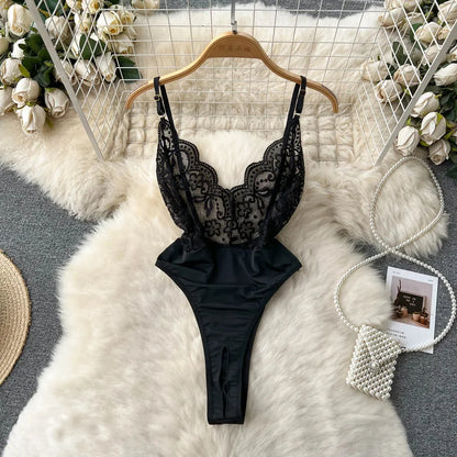 Women Strap Hollow Out Backless French Style Striped Erotic Playsuits Cosplay Slim Fit Underwear Black Lingerie Sexy Bodysuits