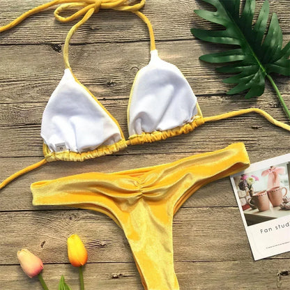 Velvet Bikini Thong Halter Strappy Swimsuit Classic Swimwear Two Piece Women 2026 Beach Outfit Triangle Bikinis Set Bathing Suit