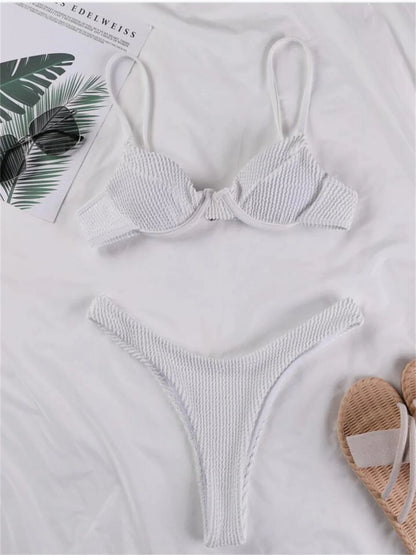 Sexy Underwire Bikini 2025 Women White Black Push Up Ribbed Micro Swimwear Brazilian Beach Bathing Suit Pleate Thong Swimsuit