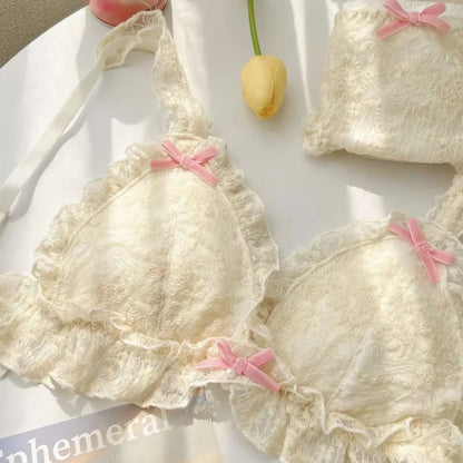 Japanese girl underwear female sweet cute pure desire without underwire bow lace edge thin bra set