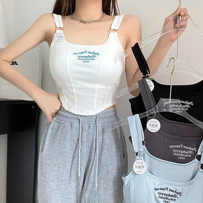 Female Women Print Sleeveless Crop Top Tank Tops Sexy Vest Letters Solid Short Women's T-shirt Camisole Crop Top with Bra Pad