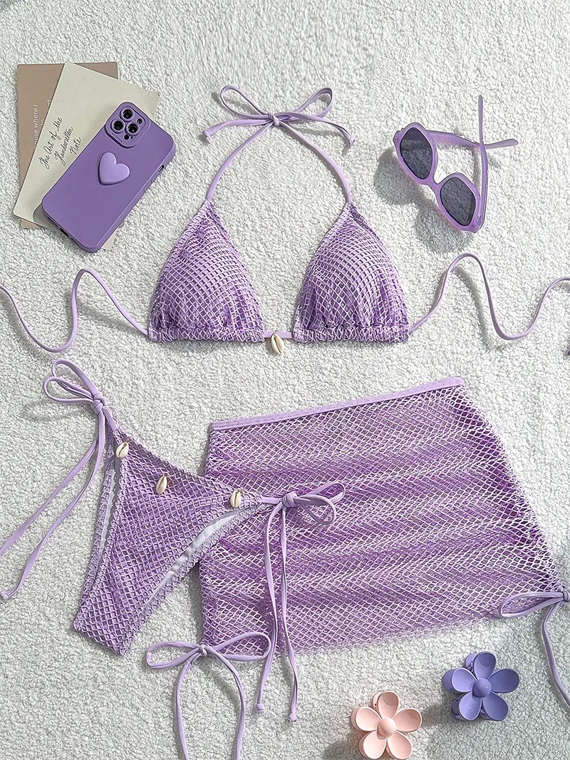 Lavender Eyed Mesh Bikini Three-Piece Set Beach Vacation Shell Necklace Strap Women's Swimsuit