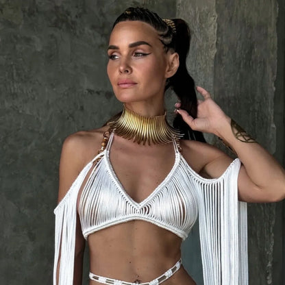 Leosoxs Bikini Cover Ups Hand Crochet Knitted Women 2025 Summer Holiday Tassel Beach Bathing Suit Hollow Out Skirts Matching Set