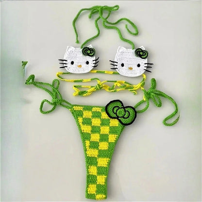 Sanrio Cute Bikini Set Crochet Girls Swimsuit Hello Kitty Sexy Bathing Suit Kwaii Women Swim Suit Bandage Micro Bikinis Swimwear