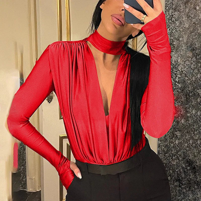 BornToGirl Sexy Slim Bodysuit Women Elegant Black Red Green Long Sleeve V Neck One Pieces Bodysuits Jumpsuit Tops Body Suit Y2K