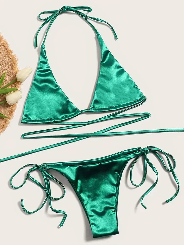 Wrap Around Halter Metallic Satin Bikini Women Swimwear Female Swimsuit Two-pieces Bikini Set Brazilian Bathing Suit Swim Lady