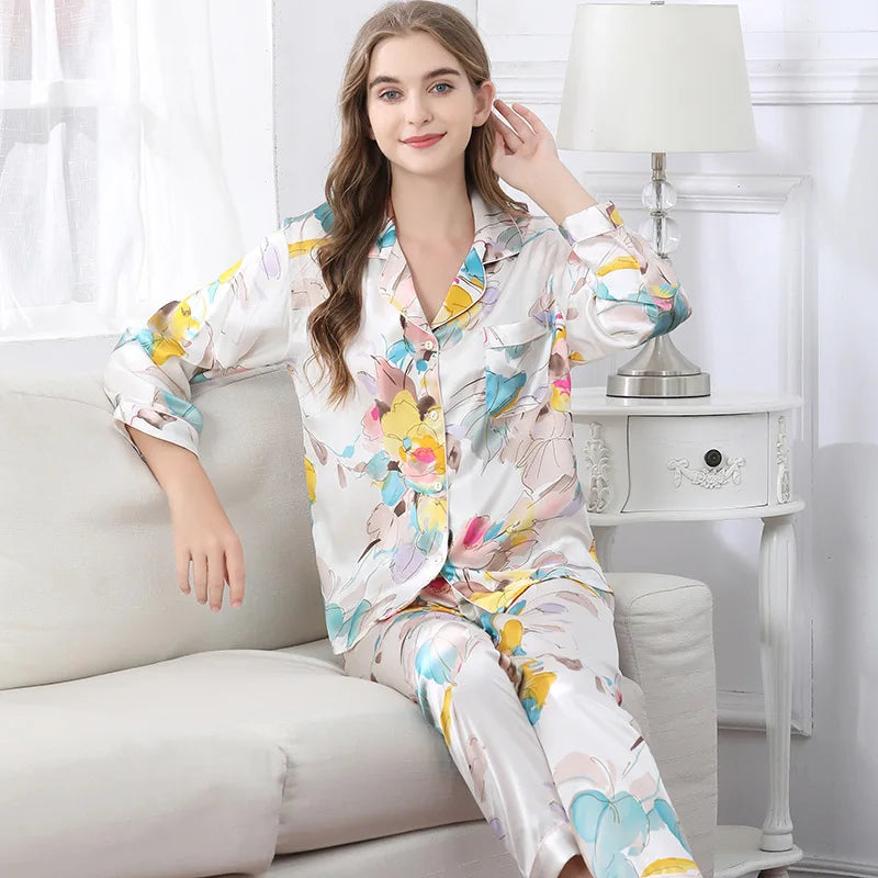 Birdtree Fall 16MM 100%Real Silk Pajama Set Women Satin Print Pyjama Pj Suit Long Sleeve Bedroom Sleepwear Set P36637QC