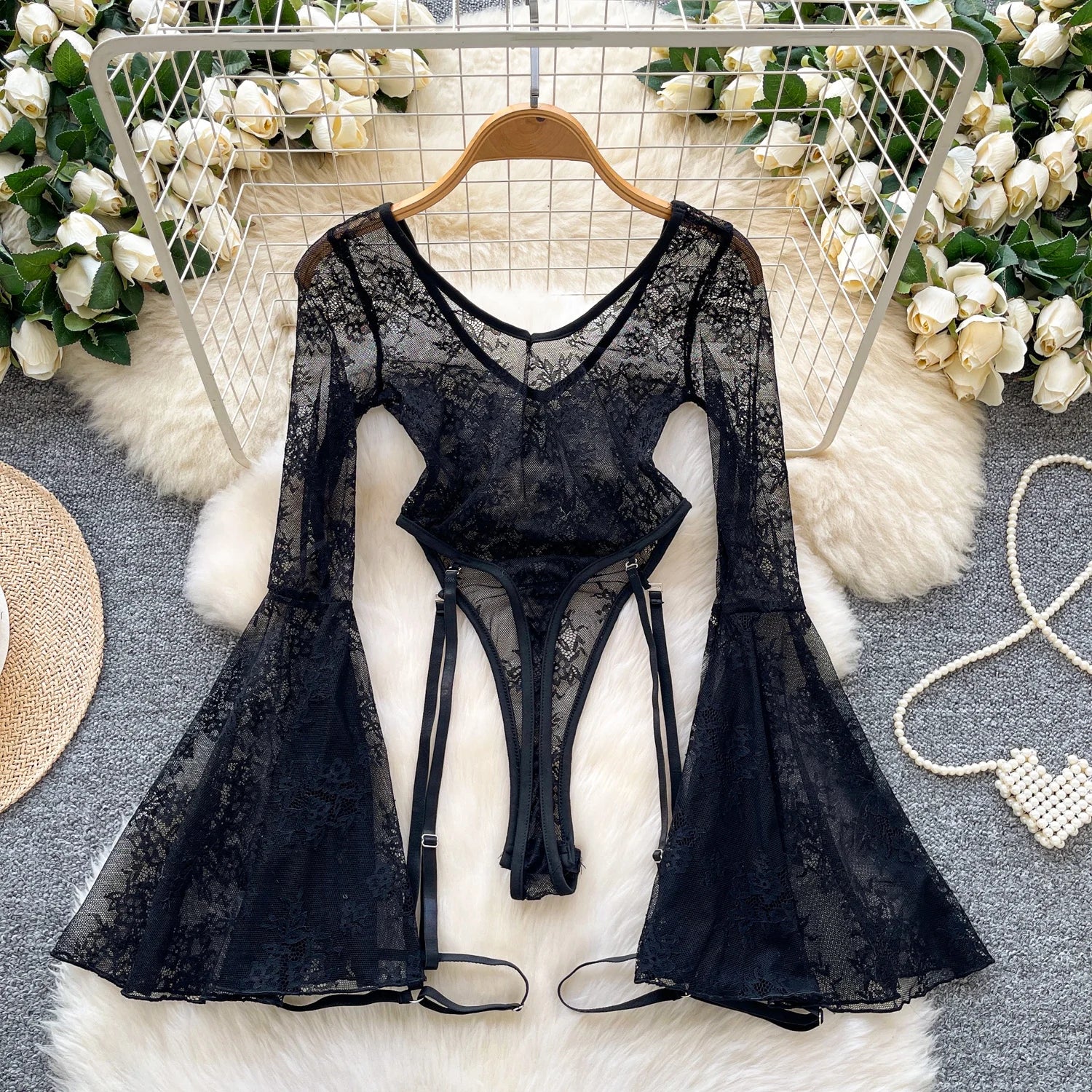 sexy sleeveless lace flare sleeve see through Vintage Straps Bodysuits Jumpsuits Top Hotsweet Clothing