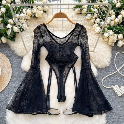 sexy sleeveless lace flare sleeve see through Vintage Straps Bodysuits Jumpsuits Top Hotsweet Clothing