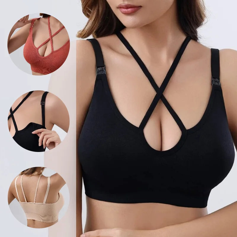 Maternity Women Cross Seamless Tank Nursing Bra With Removable Pads Yoga Sports Pregnant&postpartum Moms Bras For Breastfeeding
