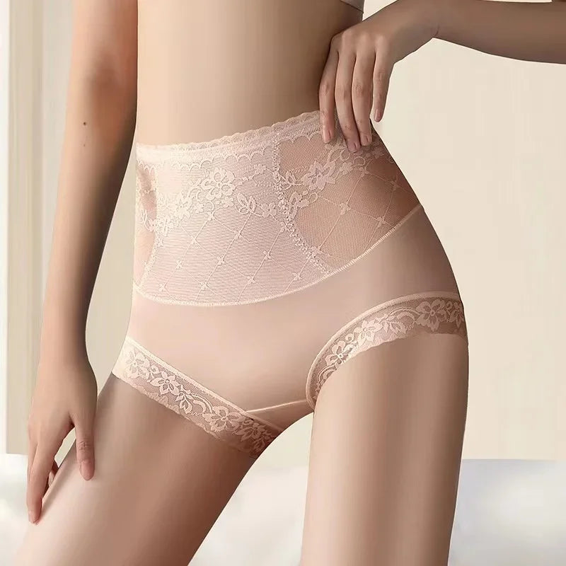 Women High Waist Knicker Briefs Tummy Control Panties Underwear Sheer Lace See Though Underpants Breathable Comfy Lingerie