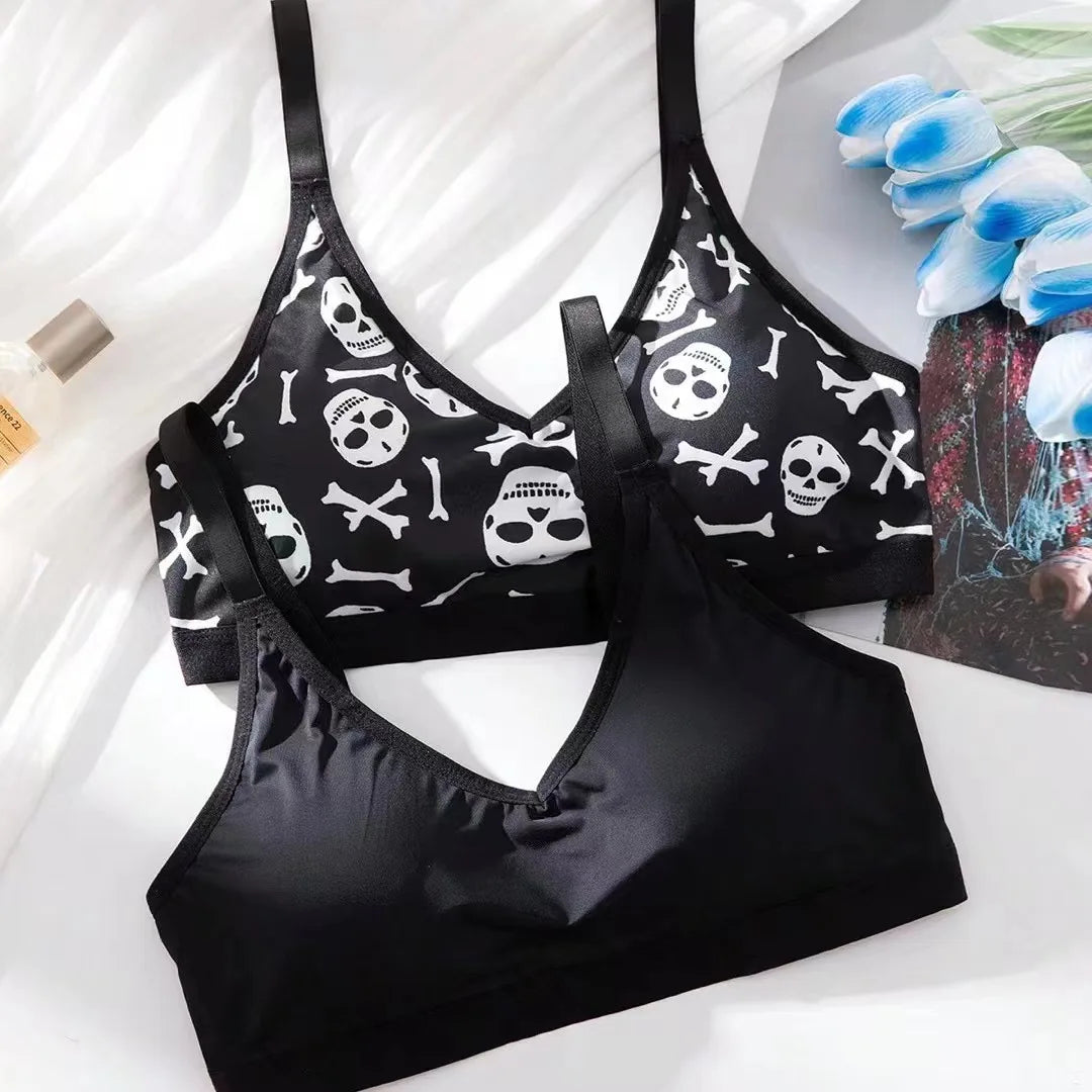 Skull Print Cotton Women's Bra Black Underwear, Sexy Seamless Comfortable Underwear Daily/Party Wear Without Steel Ring  Bra