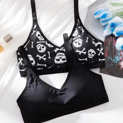 Skull Print Cotton Women's Bra Black Underwear, Sexy Seamless Comfortable Underwear Daily/Party Wear Without Steel Ring  Bra