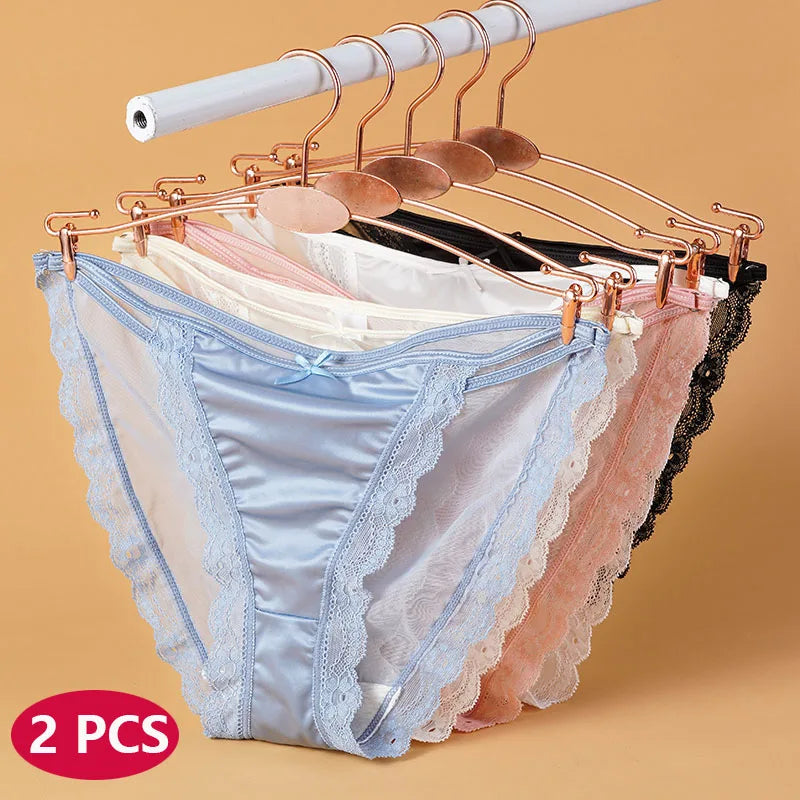 2PCS Mesh Satin Half Pack Panties Women's Ice Silk Low Rise Soft Intimates Breathable Sexy Lace Underpants Light Silky Briefs