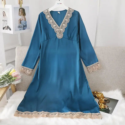 Female Long Nightdress Sexy Hollow Lace Sleepwear Home Dress Palace Style Princess Nightgown Nightwear Casual Satin Loungewear