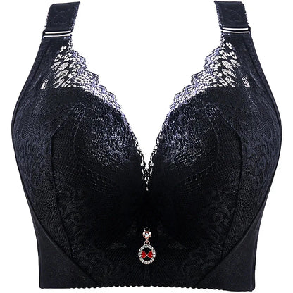 Plus Size Push Up Bra Sexy Lace Underwire - Full Coverage Lingerie for Curvy Women, Wide Side Wings & Thin Cup Support Big Bust