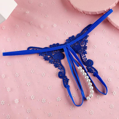 Women Sexy Underwears Female Transparent Hollow Out Temptation Pearl Massage Open File Thong Thin Perspective Embroider T-shaped
