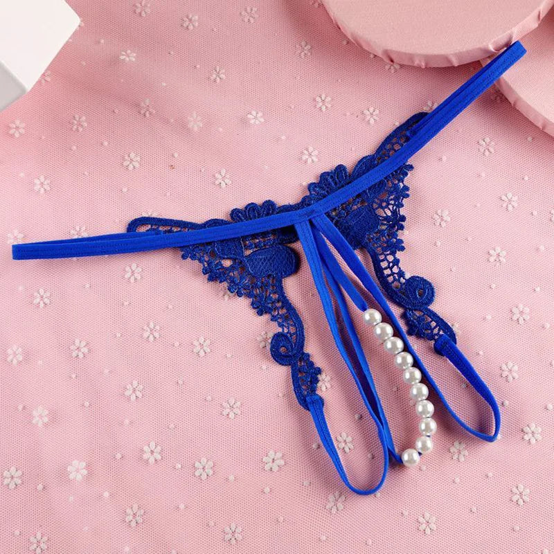 Women Sexy Underwears Female Transparent Hollow Out Temptation Pearl Massage Open File Thong Thin Perspective Embroider T-shaped