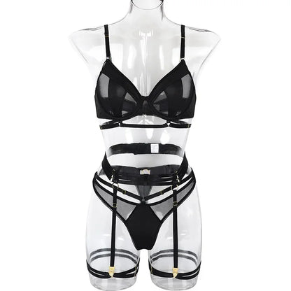 Fashion Black Bra Set Women Patchwork See Through Mesh Lingerie Set Ladies Sexy Panty Garters Transparent Underwear Set