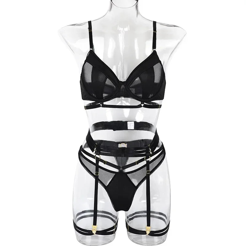 Fashion Black Bra Set Women Patchwork See Through Mesh Lingerie Set Ladies Sexy Panty Garters Transparent Underwear Set