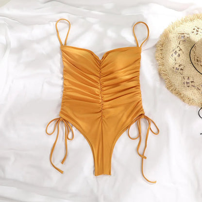 Sexy Bandeau Ruched One Piece Swimsuit Women's Swimwear Backless Monokini White Black Blue Bathing Suit