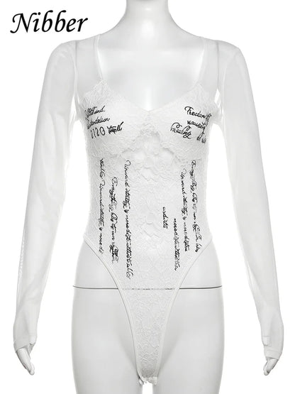 Nibber Lace up Woman Letter Print Bodysuits U Collar Hollow Out Long Sleeves Skinny Mesh Look Slimmer Korean Hottie Outfits