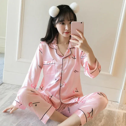 Satin Silk Pajamas Set for Women Cartoon Print Turn-down Collar Short Sleeve Top+Long Pants Matching Sets Homewear Plus Size 5XL