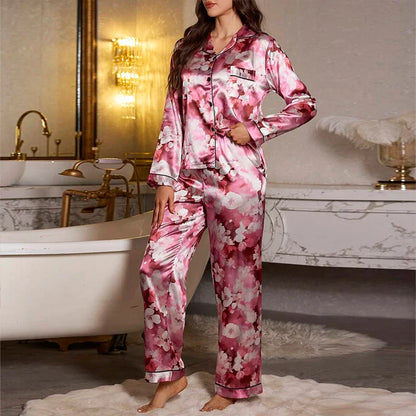 Women's Color-Blocked Floral Print Pajama Set Satin Long Sleeve And Pant For Comfortable Sleep Soft Loungewear And Sleepwear Pjs