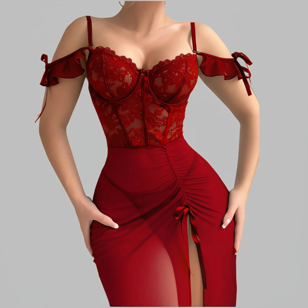 Ladies V Neck Sleepwear Set with Spaghetti Straps Lace Up Front and Sheer Mesh Fabric with Slit Includes Nightdress and Panties