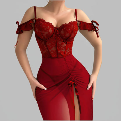 Ladies V Neck Sleepwear Set with Spaghetti Straps Lace Up Front and Sheer Mesh Fabric with Slit Includes Nightdress and Panties