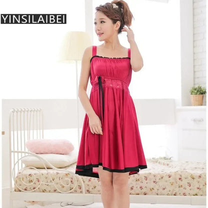 Summer Sleeveless Strap Sexy Women's Sleepwear Female Faux Silk Satin Lace Nightgowns Plus Size Nightwear for Ladies