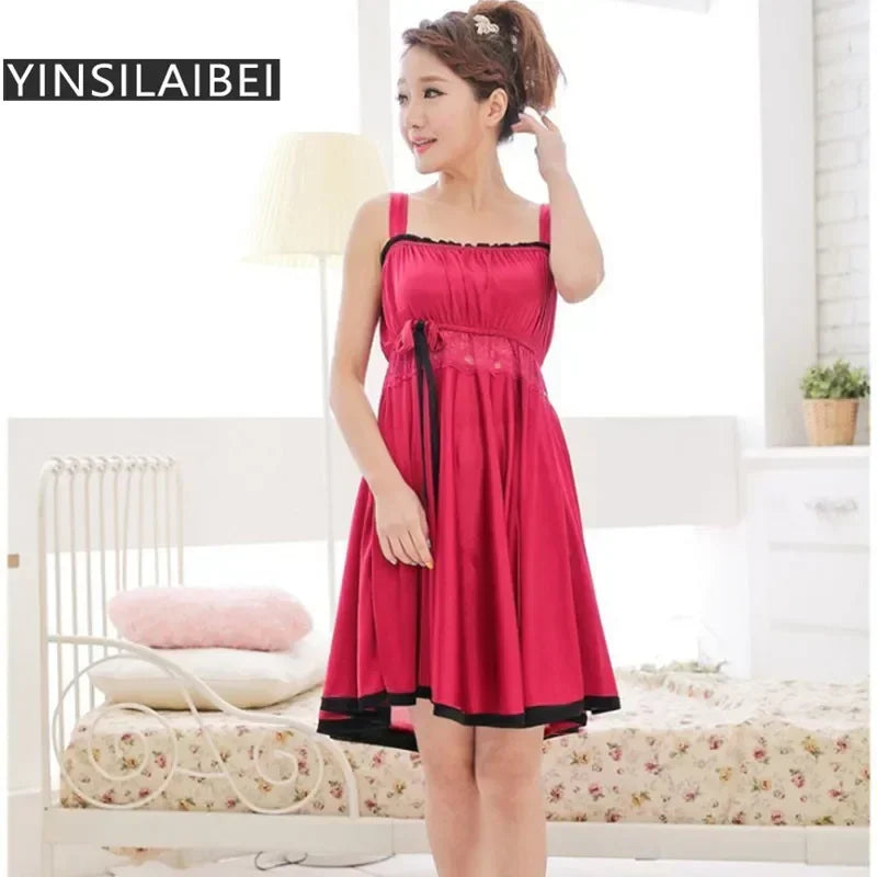 Summer Sleeveless Strap Sexy Women's Sleepwear Female Faux Silk Satin Lace Nightgowns Plus Size Nightwear for Ladies
