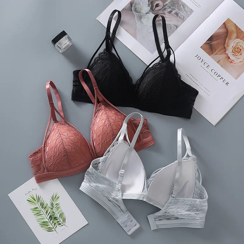 Sexy Lace women underwear Breathable Cotton Breast Pad Bra Without Steel Ring Hollowed Out Brassiere Anti Glare Sports Bralette