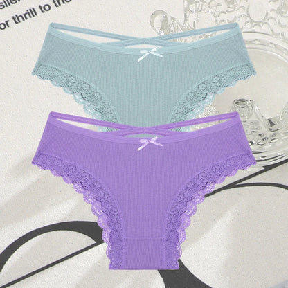 2PCS Cotton Panties for Women Sexy Lace Brazilian Briefs Female Low-Waist Cross Webbing Underpants Stretch Breathable Intimates