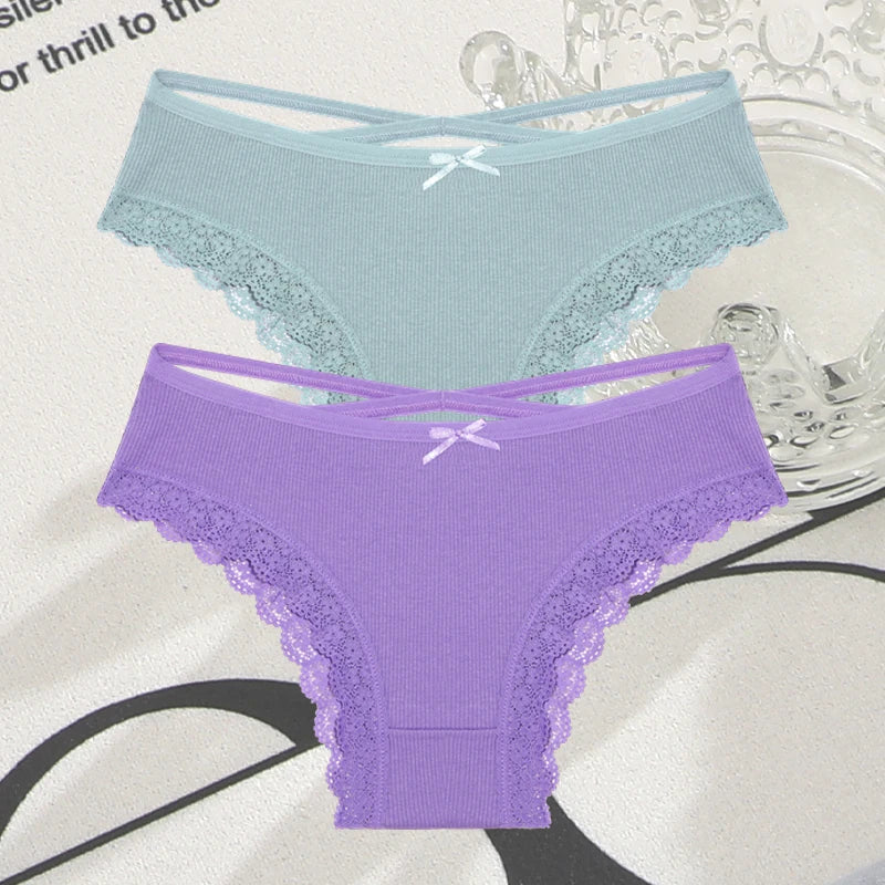 2PCS Cotton Panties for Women Sexy Lace Brazilian Briefs Female Low-Waist Cross Webbing Underpants Stretch Breathable Intimates
