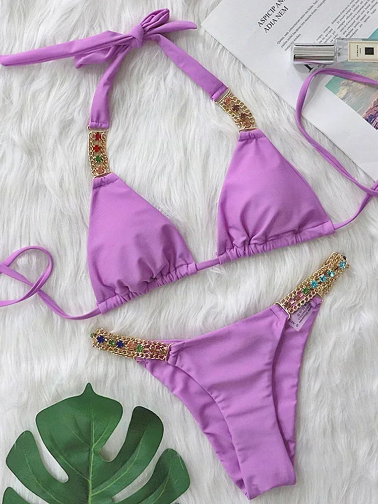 2025 Shiny Rhinestone Diamond Bikini Women Swimsuit Female Swimwear Two Pieces Bikini Set Halter Metal Chains Bathing Suit Swim