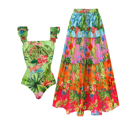 Printed Ruffle One Piece Swimsuit With Cover Up Sexy Swimwear Women Flat Belly Swim Suits Bathsuit Belt Bodysuit Beach Outing