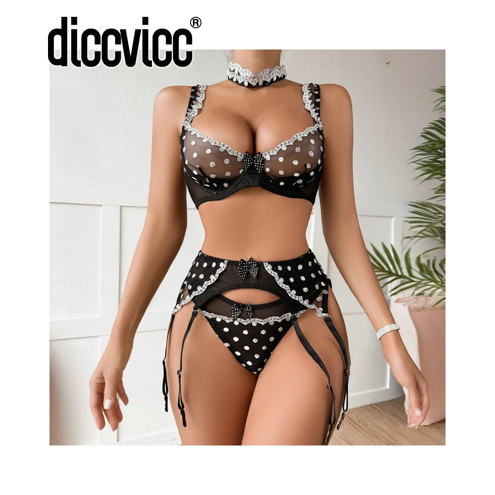 Diccvicc Polka Dot Lingerie Sheer Mesh See Through Romantic Underwear Set Elegant Woman Attractive Sexy Outfit Intimate Apparel