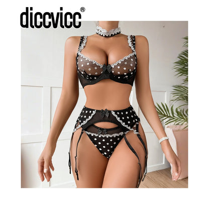 Diccvicc Polka Dot Lingerie Sheer Mesh See Through Romantic Underwear Set Elegant Woman Attractive Sexy Outfit Intimate Apparel