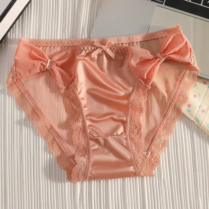 Women Sexy Satin Lace Mesh Transparent Bow Underwear Cute Lovely Sweety Princess Panties Ruffles Breathable Elasticity Breifs