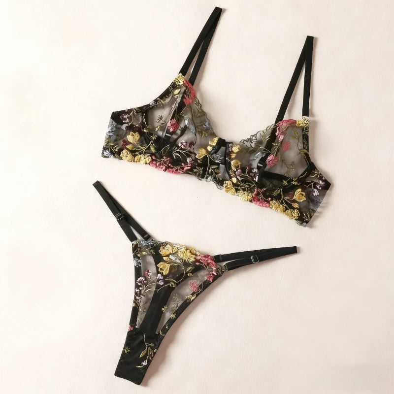 2025 Floral Embroidery Lingerie Set Women Sheer 2-Piece Boho Bra + Panty Underwear Set Intimates