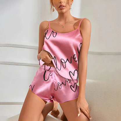 Heart Print Satin Pajama Set for Women Sexy V Neck Sleepwear Summer Cami Tops and Shorts Pajamas 2 Piece Loungewear Home Clothes