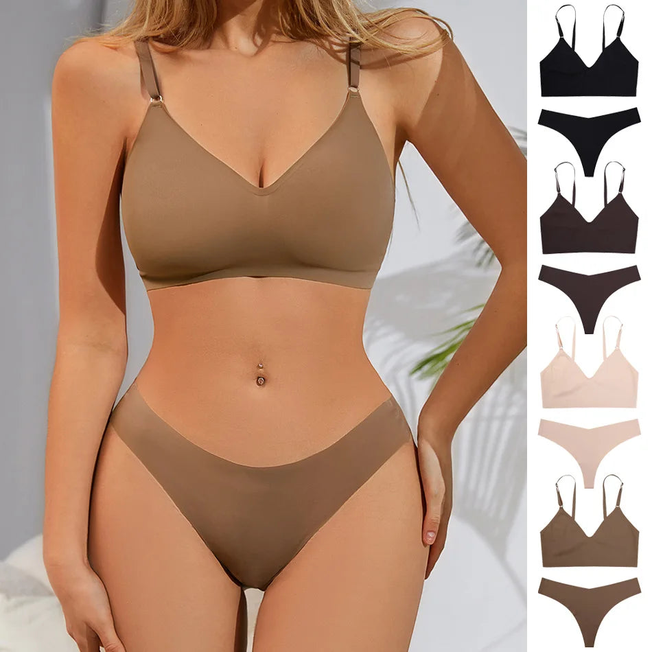 Hot Sale Ladies' V-Neck Style Wire-Free Seamless Underwear Set With Briefs Women Underwear Bras And Panties Set
