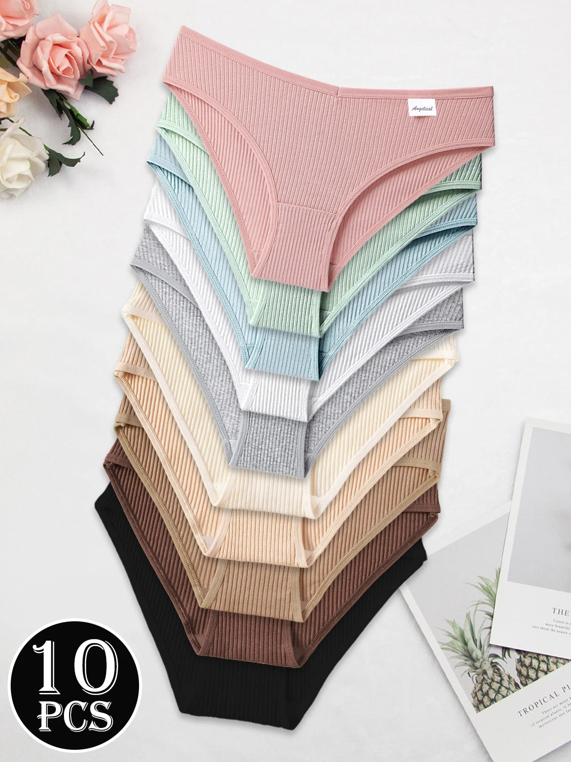 10PCS Women's Pure Cotton Panties Ribbed Briefs Low-Rise Breathable Female Soft Underwear Solid Colors Lingerie Stylish Casual