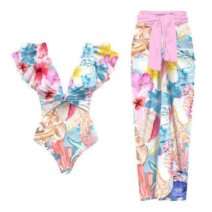 2025 New 2-Piece Shoulder Ruffle Swimsuit With Cover Up Sexy Women Swimwear Push Up Biquini Bathsuit Bodysuit Beachwear Dress