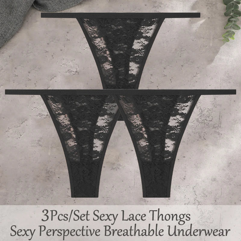 3Pcs/Set Sexy Lace Floral Panties For Women Solid Color Transparent Underwear Female Lace Perspective Hollow Out G-string Thongs